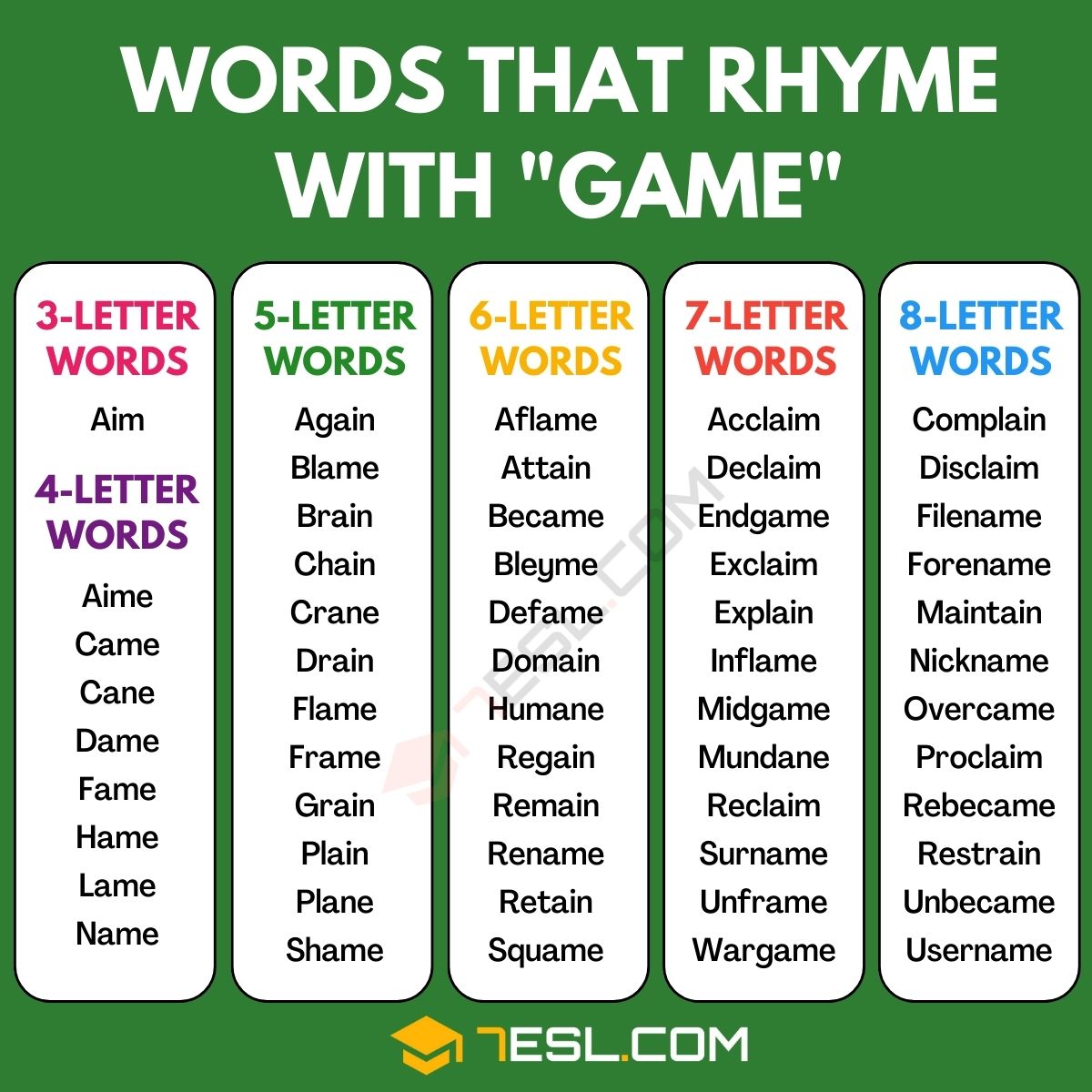 170 Words that Rhyme with Game in English • 7ESL